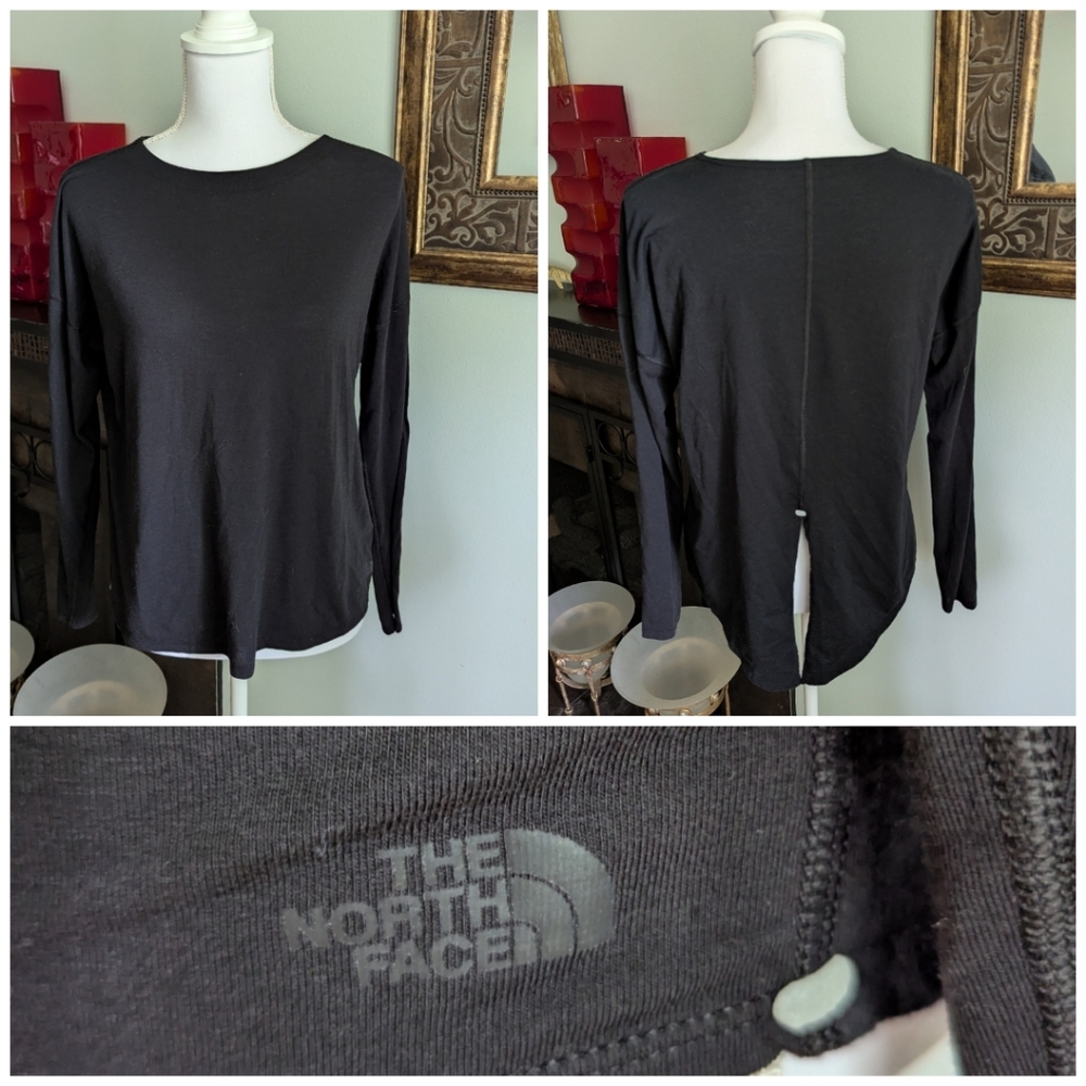 THE NORTH FACE Women's Small Pullover  Black T-shirt Split Back Long Sleeve 62